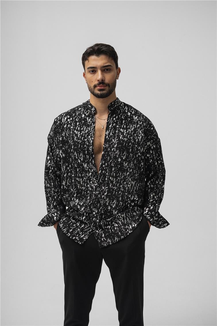 Hakim Yaka Gümüş Oversize Gömlek Siyah