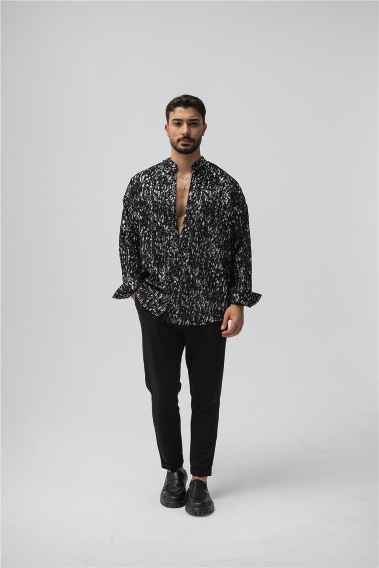 Hakim Yaka Gümüş Oversize Gömlek Siyah