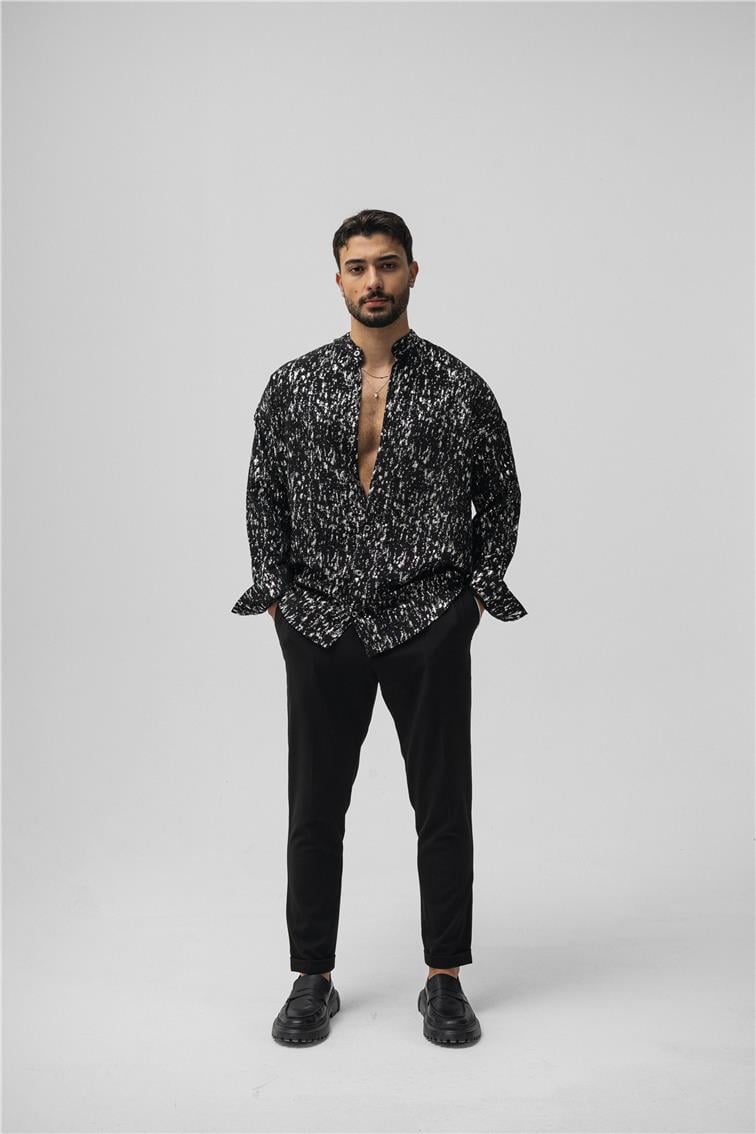 Hakim Yaka Gümüş Oversize Gömlek Siyah