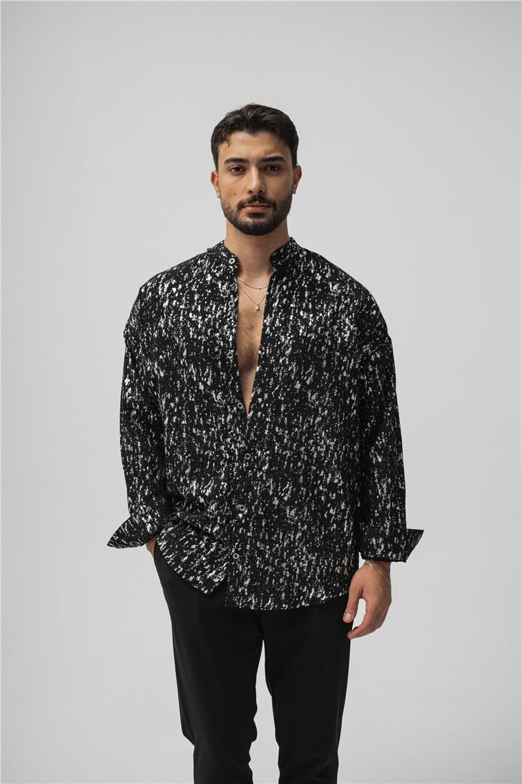 Hakim Yaka Gümüş Oversize Gömlek Siyah