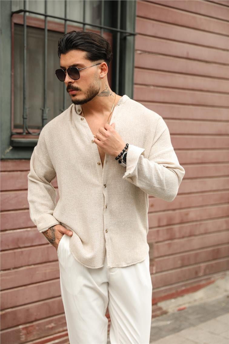 Hakim Yaka Örgülü Oversize Gömlek Bej