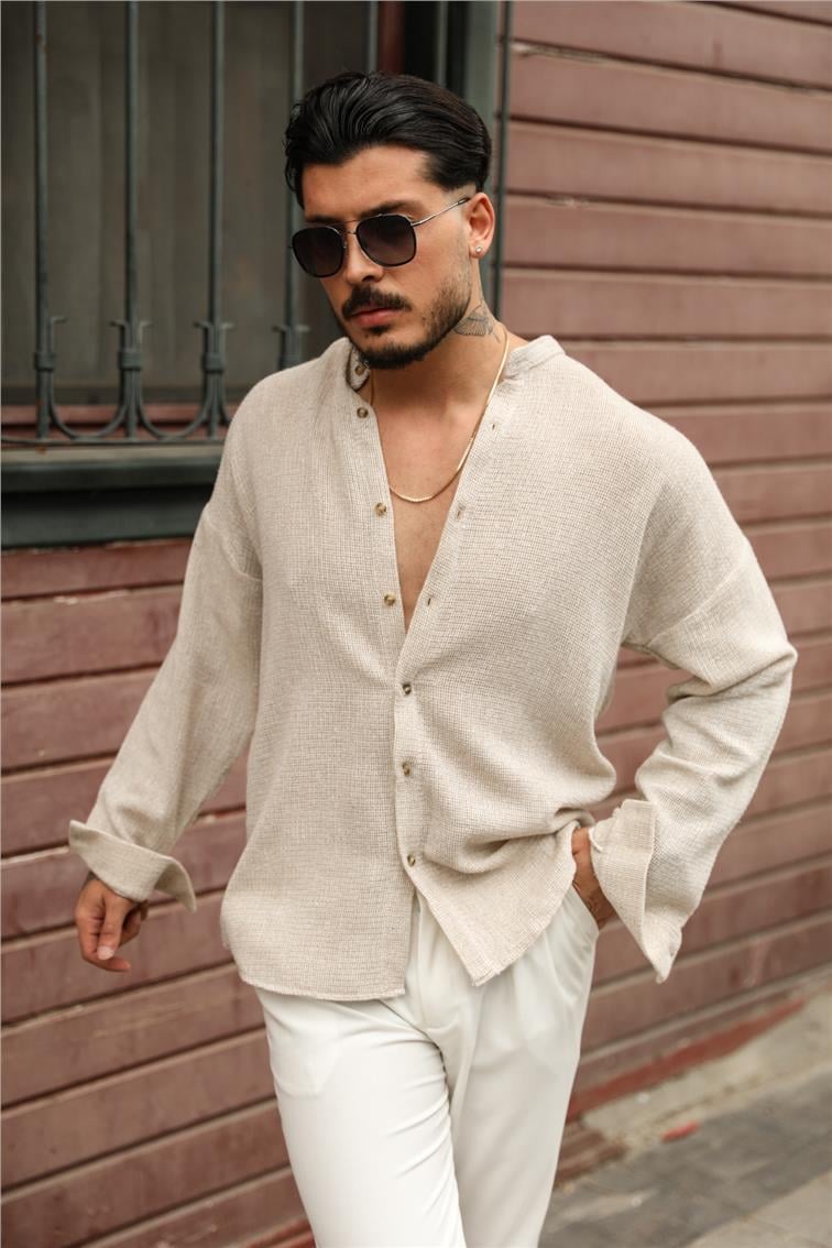 Hakim Yaka Örgülü Oversize Gömlek Bej