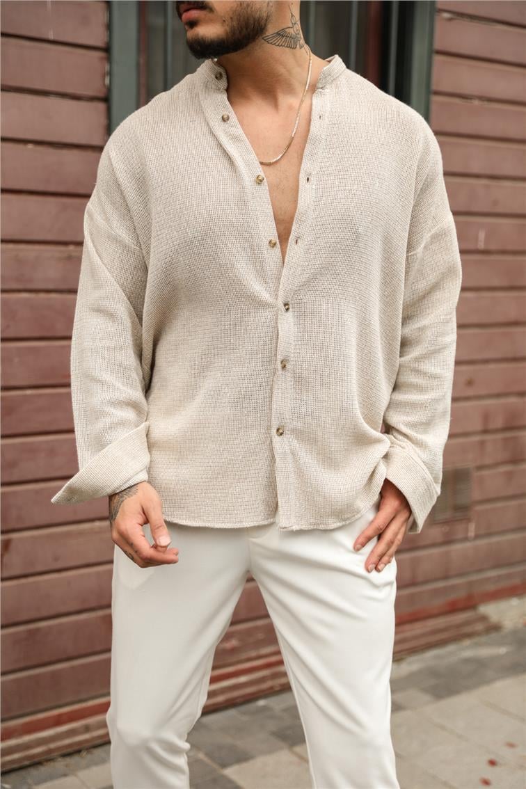 Hakim Yaka Örgülü Oversize Gömlek Bej