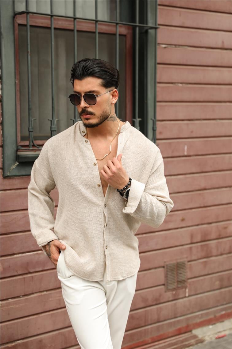 Hakim Yaka Örgülü Oversize Gömlek Bej