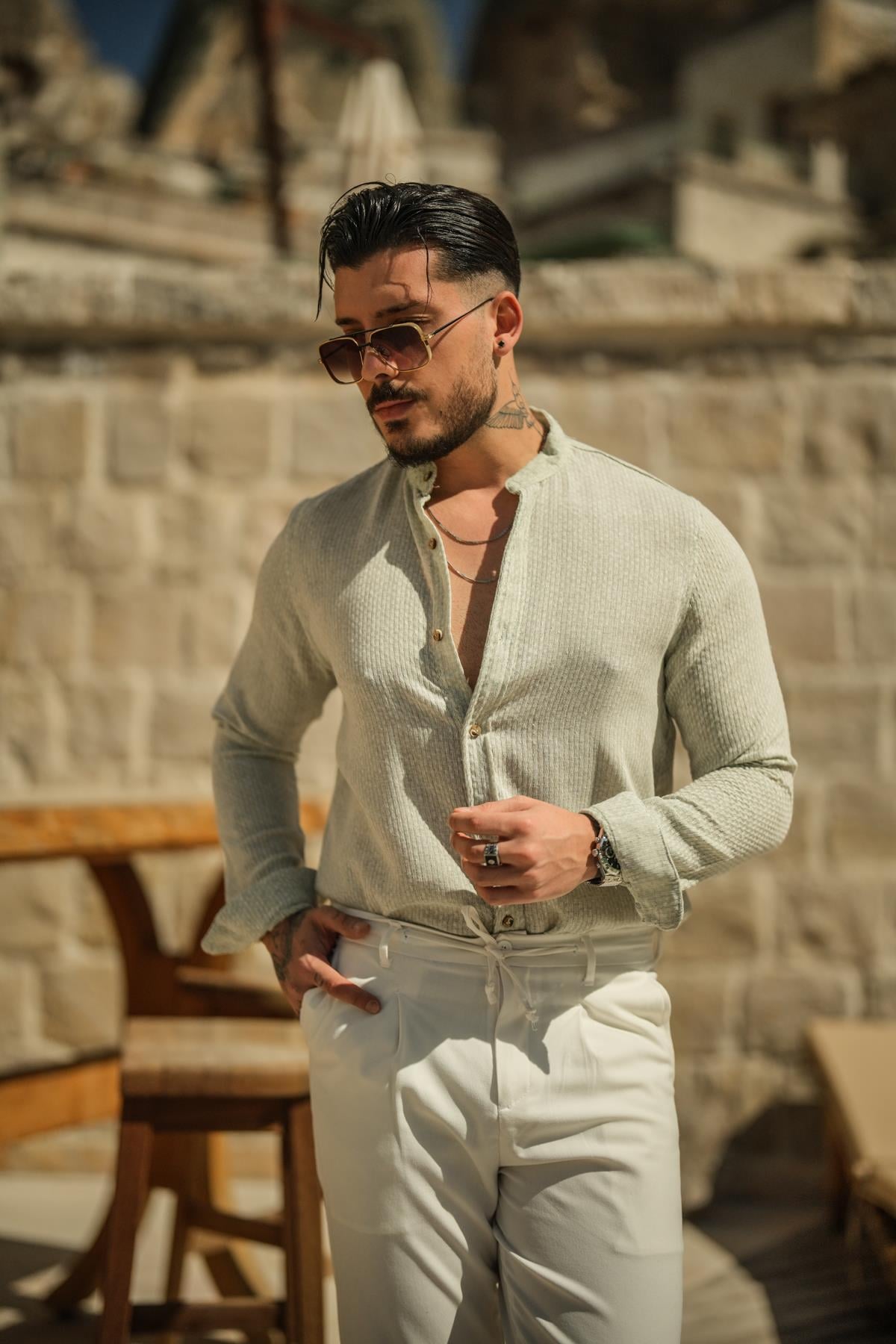 Hakim Yaka Pamuklu Örgülü Oversize Gömlek Mint