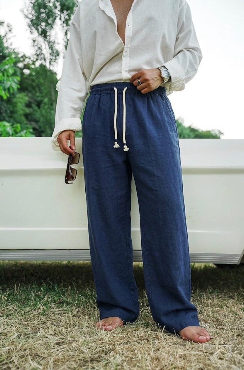 Halat Bağlamalı Keten Baggy Pantolon Lacivert