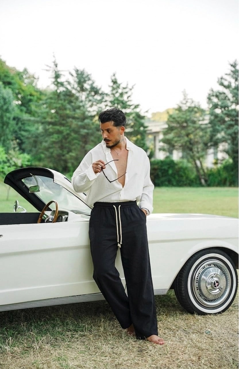 Halat Bağlamalı Keten Baggy Pantolon Siyah