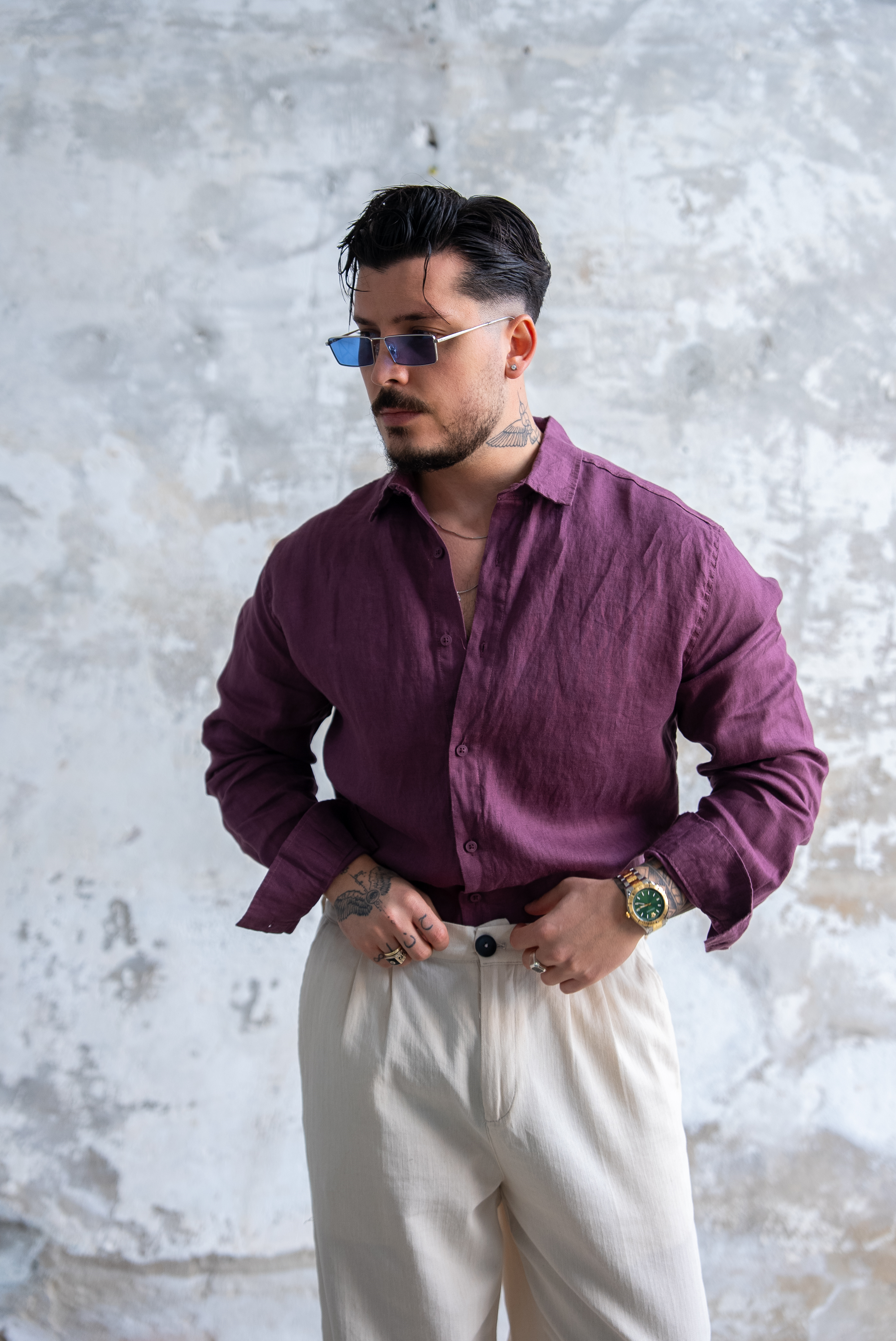 Ham Keten Oversize Gömlek Bordo