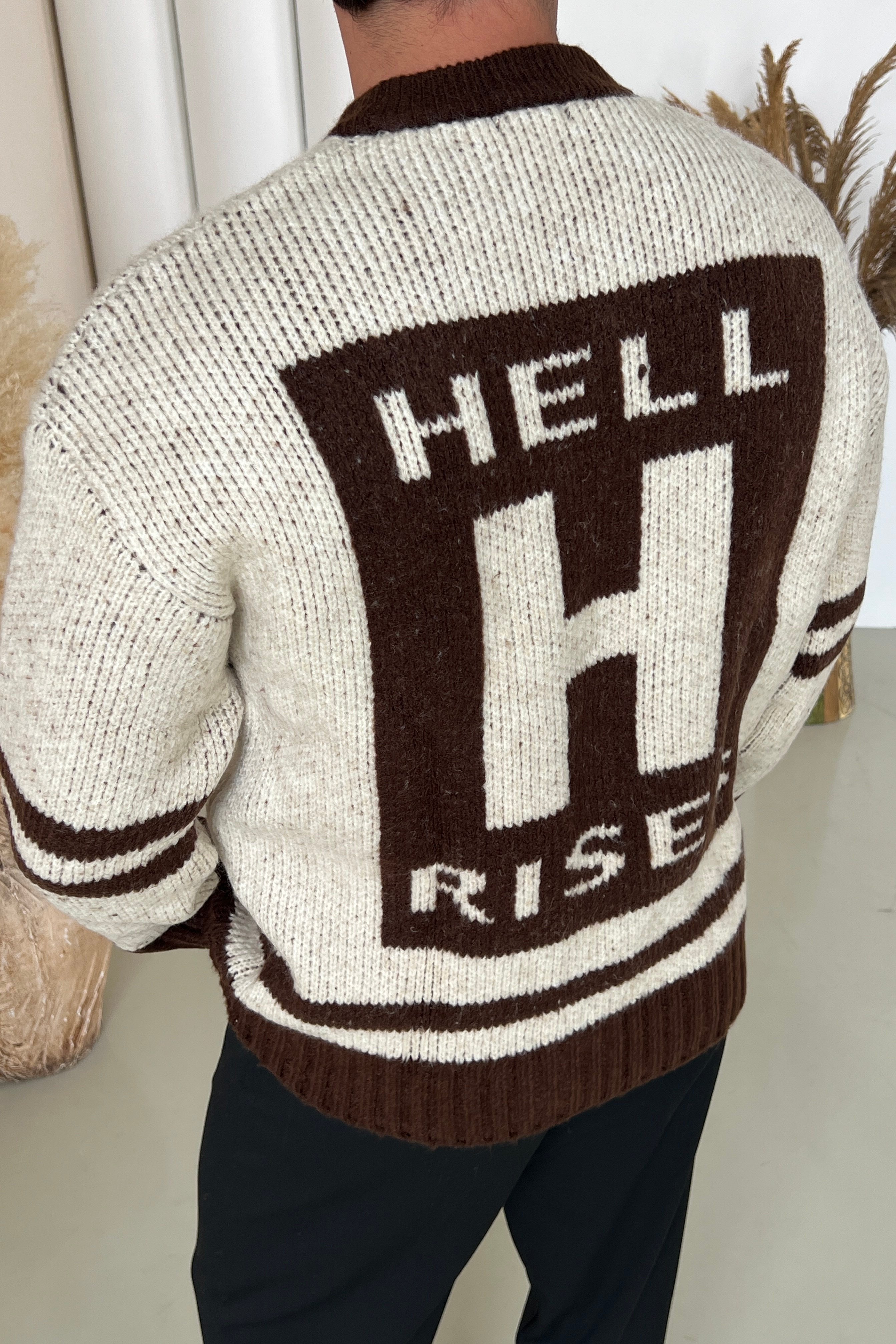 Hell Rises Arka Baskılı Yün Oversize Kazak Kahve