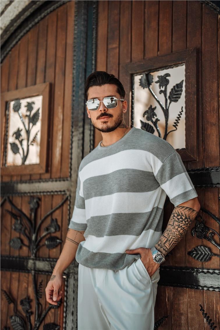 İki Renkli Örme Oversize T-Shirt Gri