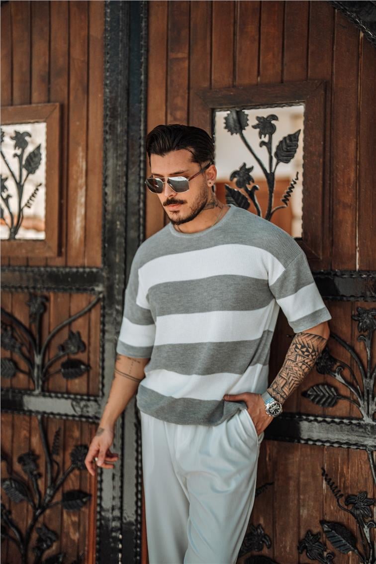 İki Renkli Örme Oversize T-Shirt Gri