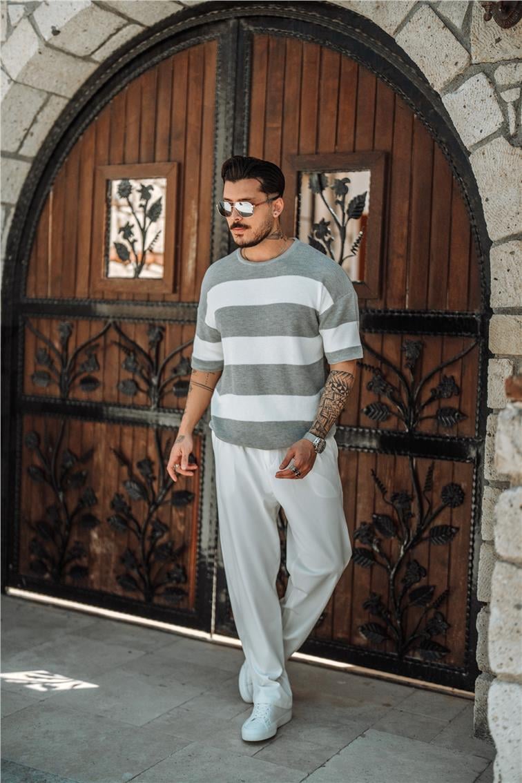 İki Renkli Örme Oversize T-Shirt Gri