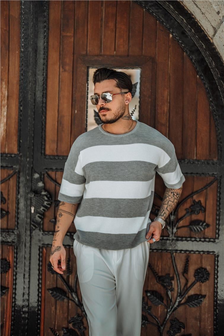 İki Renkli Örme Oversize T-Shirt Gri
