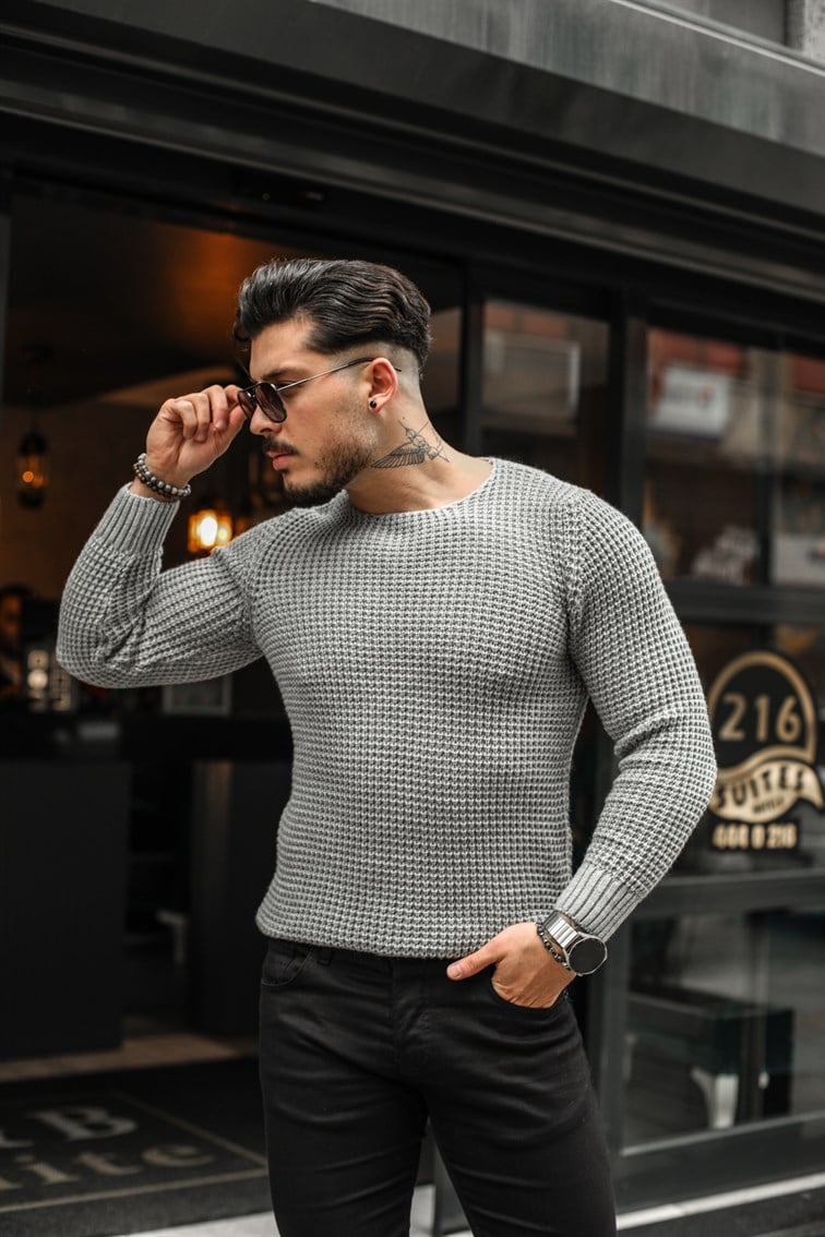 İlmek Örgülü Slim Fit Kazak