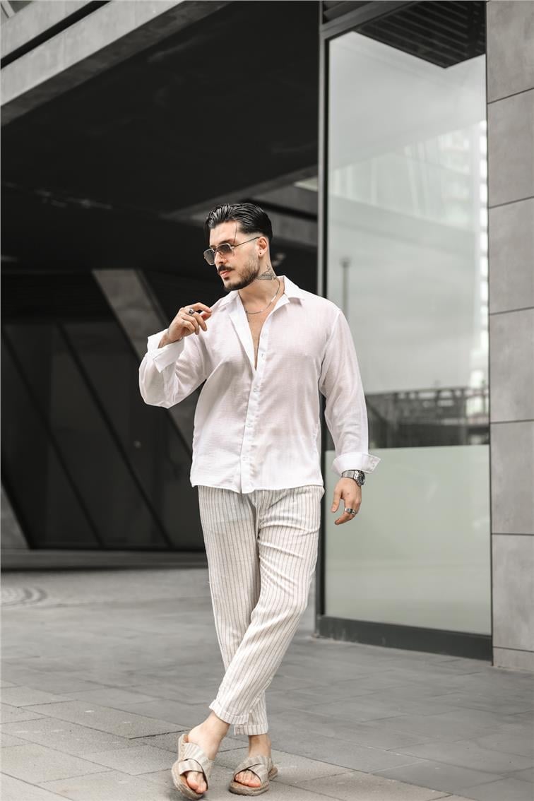 İnce Çizgili Keten Boyfriend Pantolon Bej