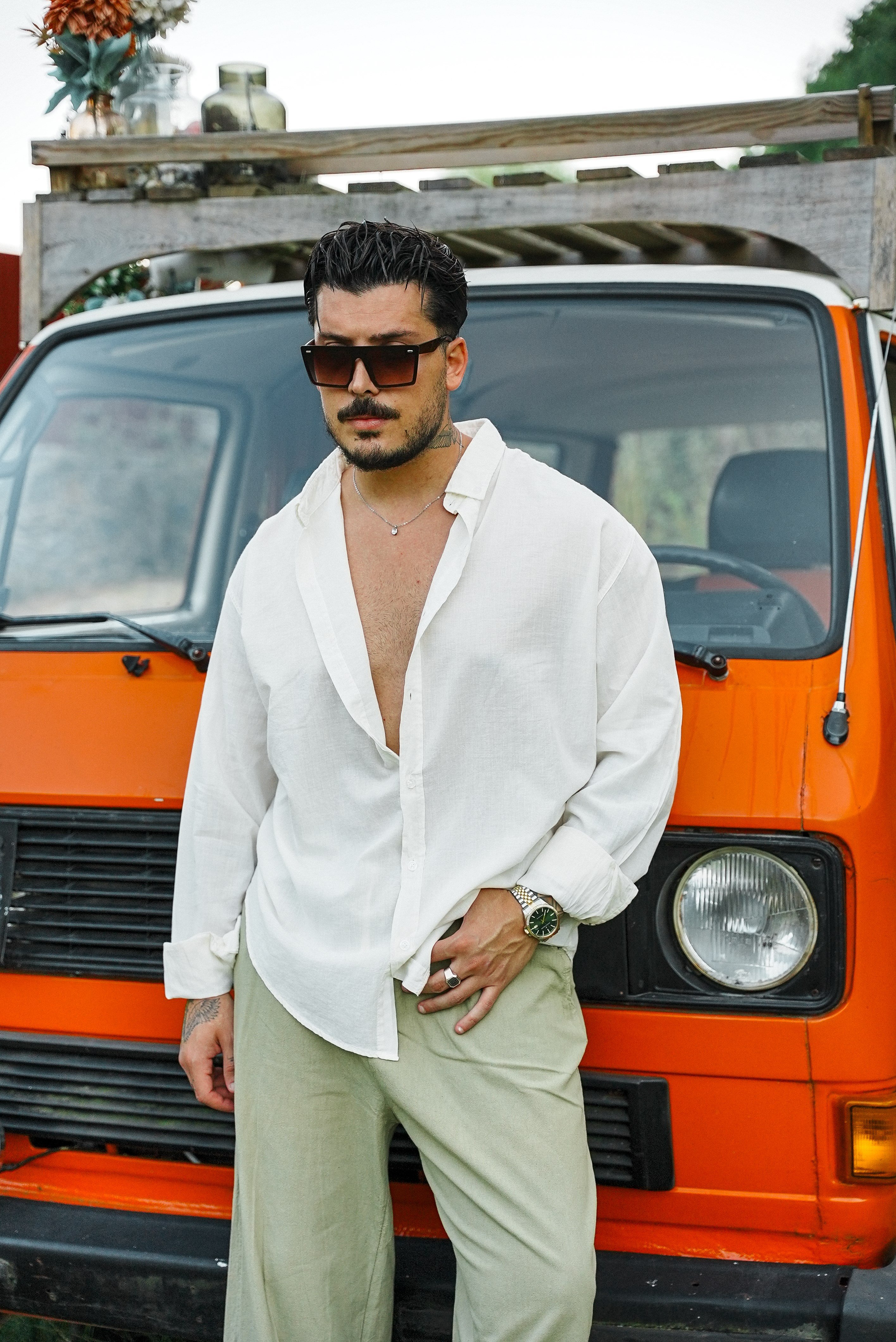 İnce Keten Oversize Gömlek Krem