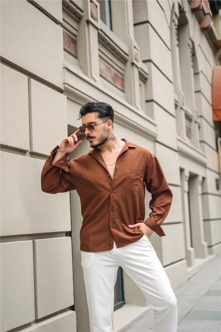 İnce Pamuklu Cepli Oversize Gömlek Kahve