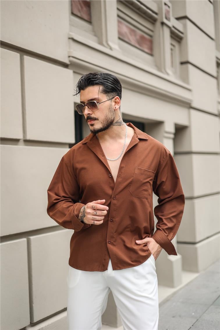 İnce Pamuklu Cepli Oversize Gömlek Kahve