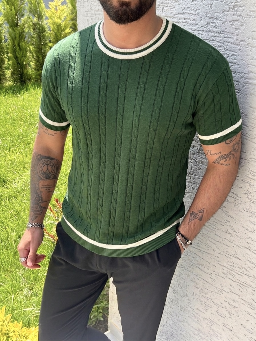 İşlemeli Renk Detay Triko Tshirt Yeşil