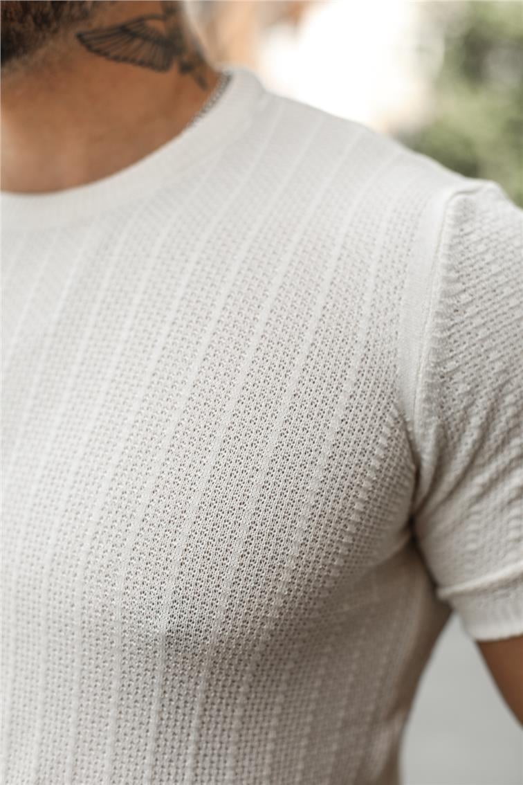 İşlemeli Şeritli Slim Fit T-Shirt Beyaz