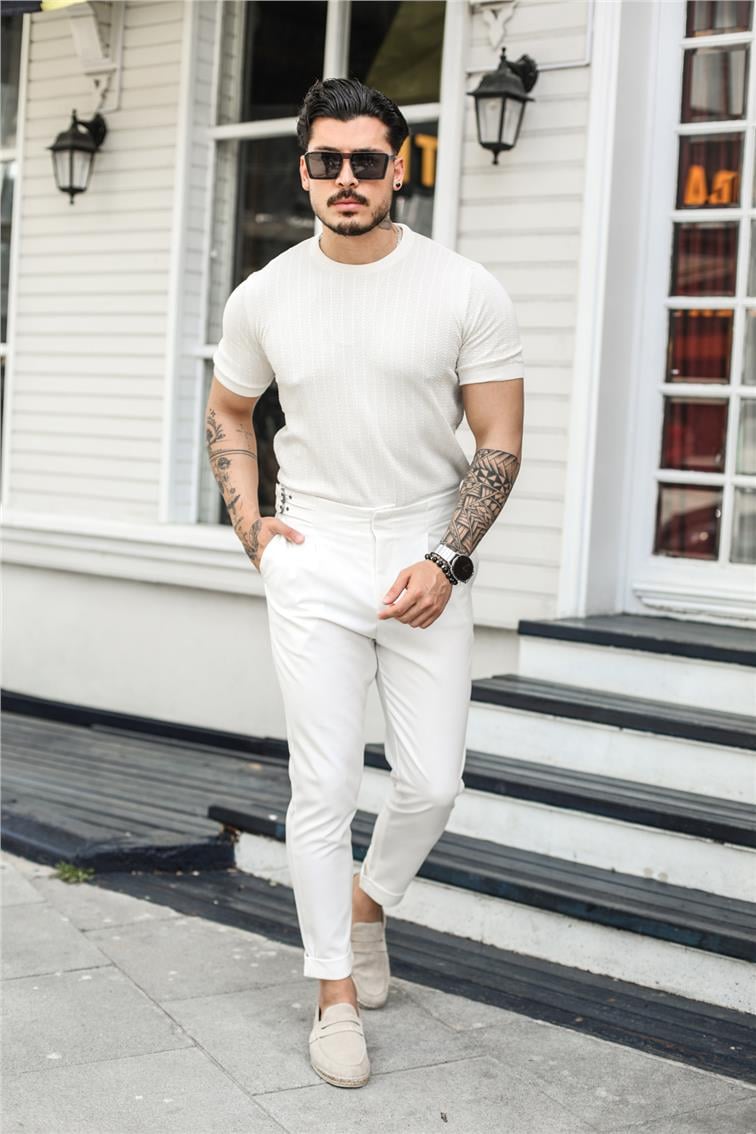 İşlemeli Şeritli Slim Fit T-Shirt Beyaz