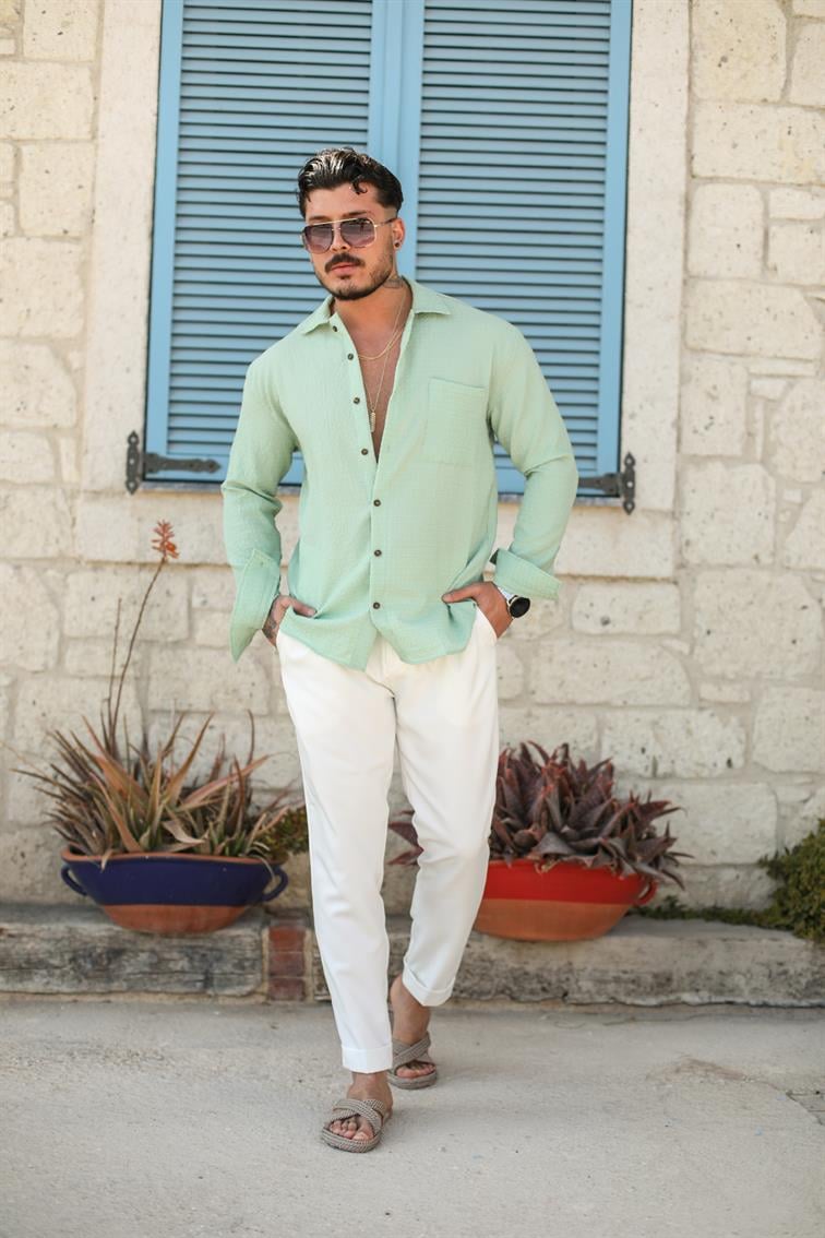 Kabartmalı Kumaş  Oversize Gömlek Mint