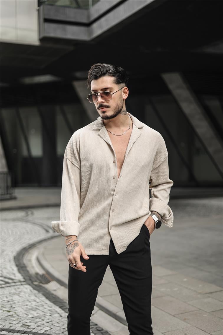 Kabartmalı Oversize Gömlek Bej