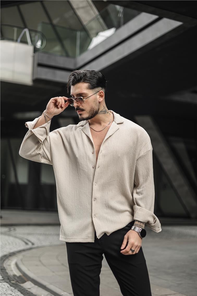 Kabartmalı Oversize Gömlek Bej