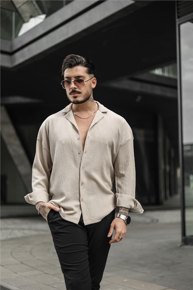 Kabartmalı Oversize Gömlek Bej