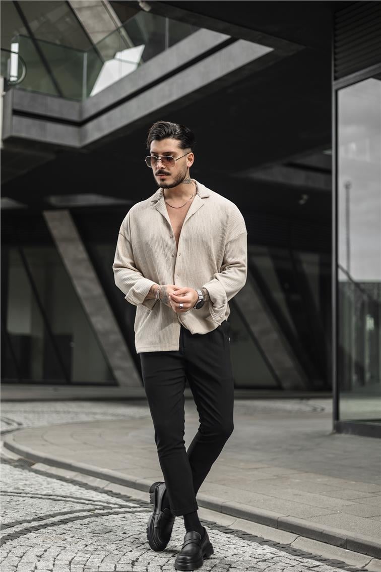 Kabartmalı Oversize Gömlek Bej