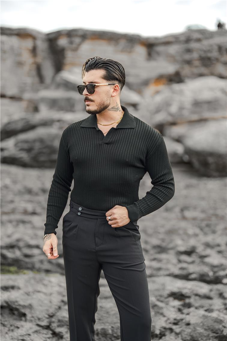 Kabartmalı Şeritli Polo Yaka Kazak Siyah