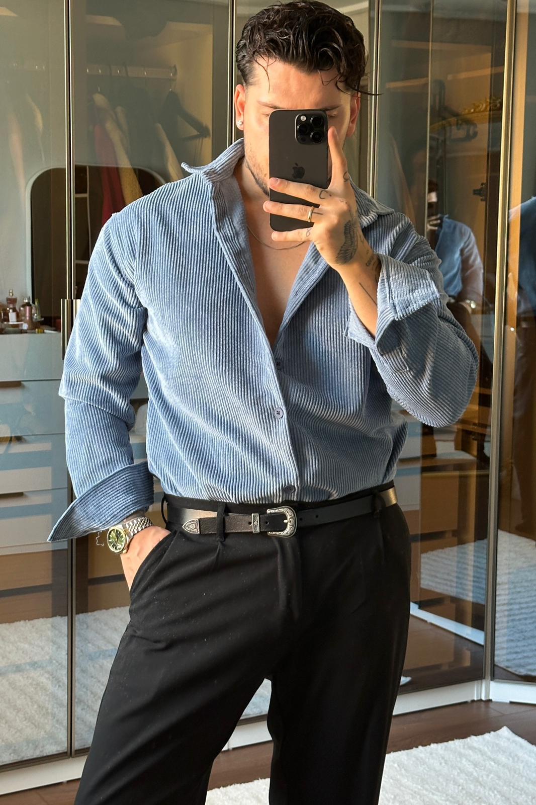 Kadife Oversize Gömlek İndigo