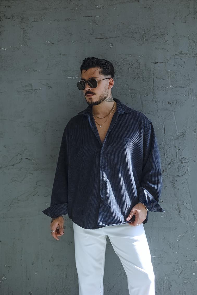 Kadife Oversize Gömlek İndigo