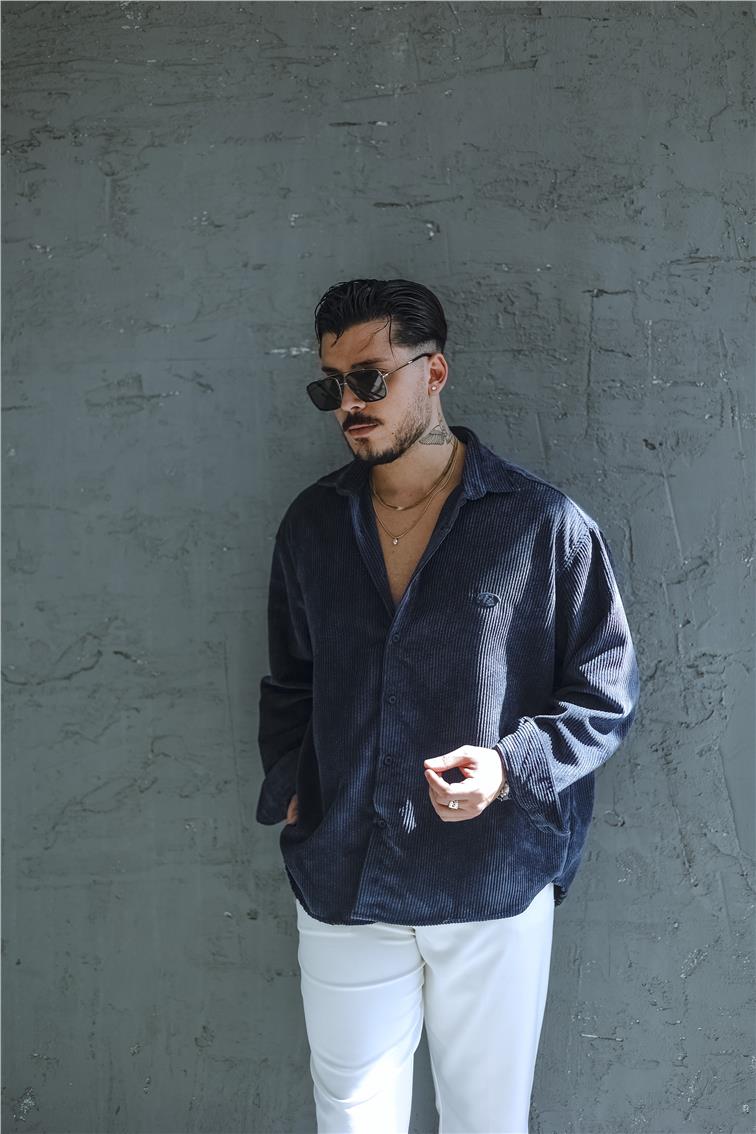Kadife Oversize Gömlek İndigo