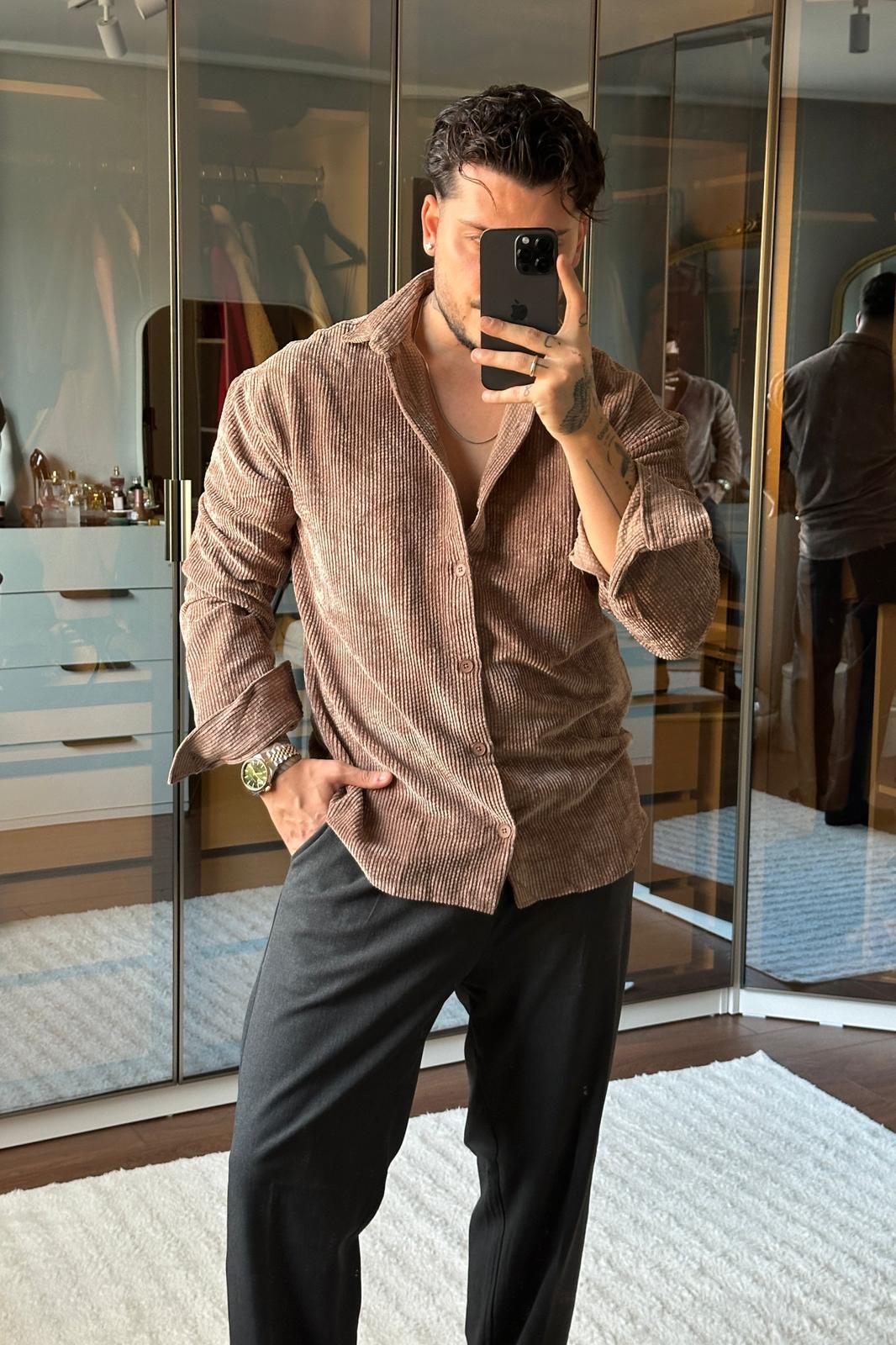 Kadife Oversize Gömlek Kahve