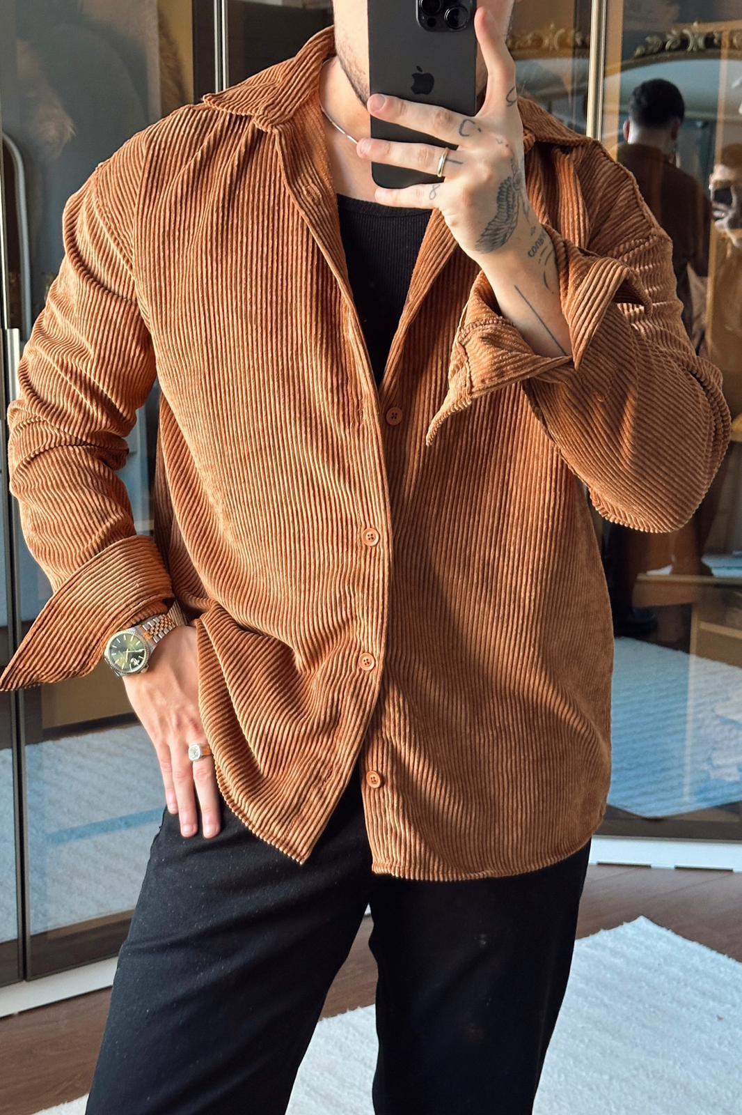 Kadife Oversize Gömlek Tarçın