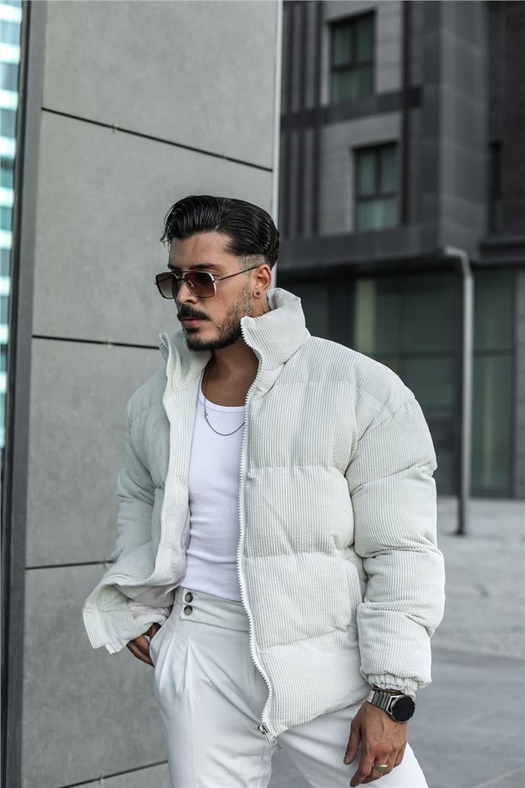 Kadife Şişme Oversize Mont Krem