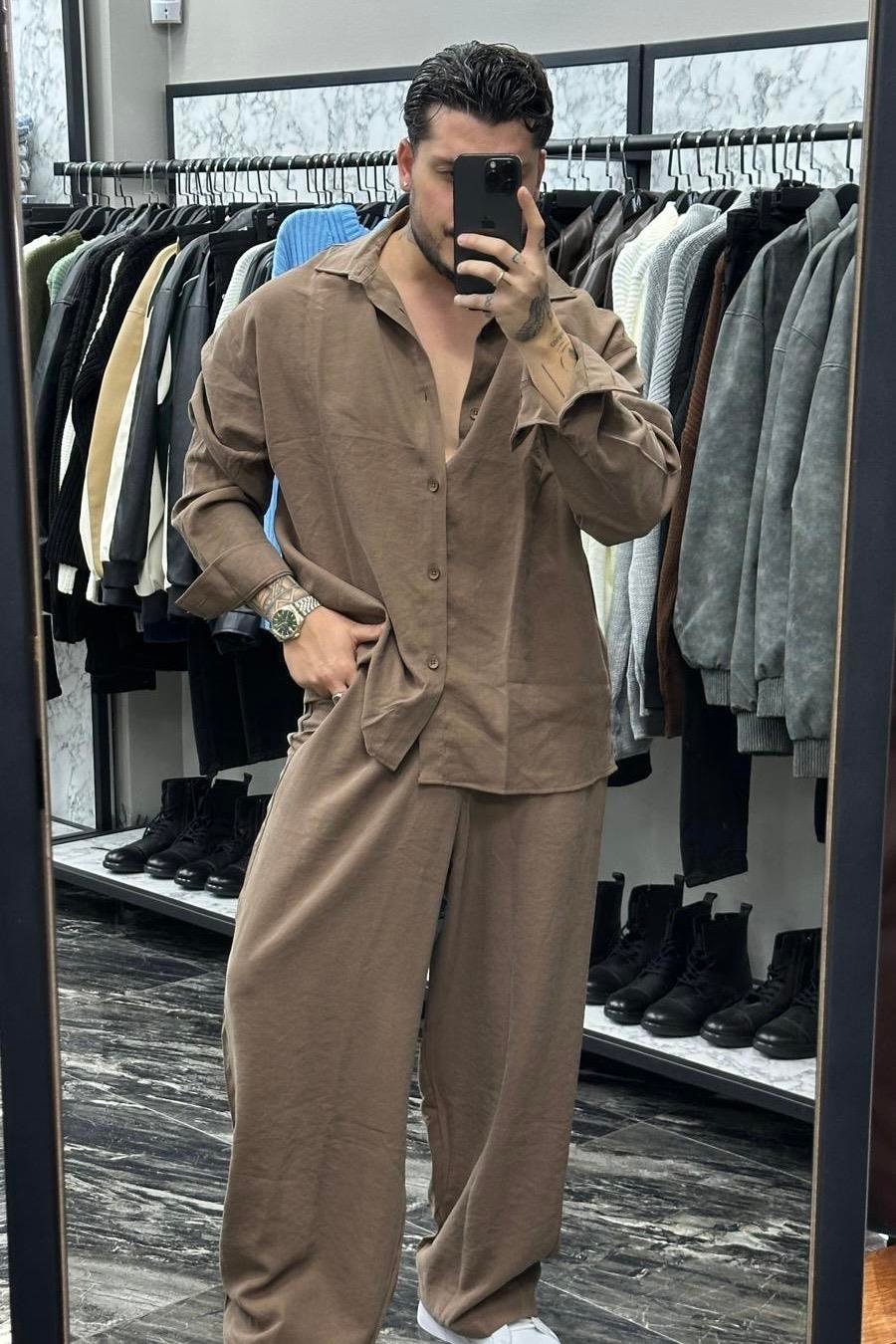 Kalın Modal Kumaş Oversize Takım Kahve