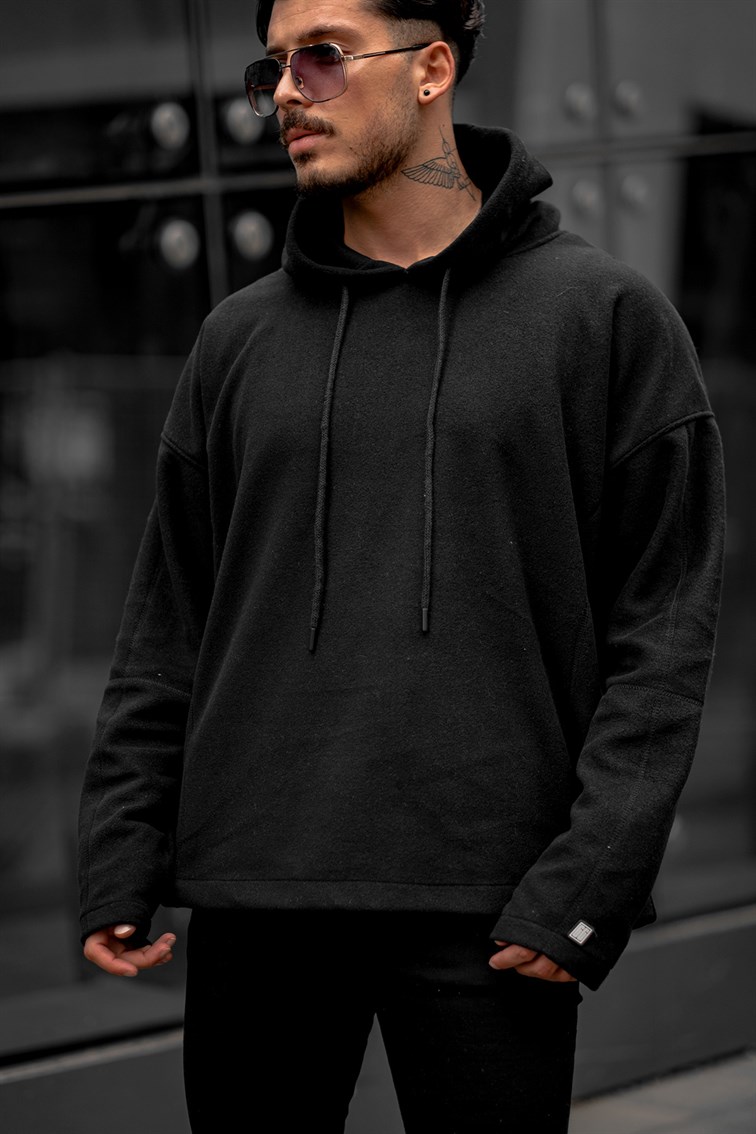 Kapüşonlu Basıc Oversize Polar Sweatshirt