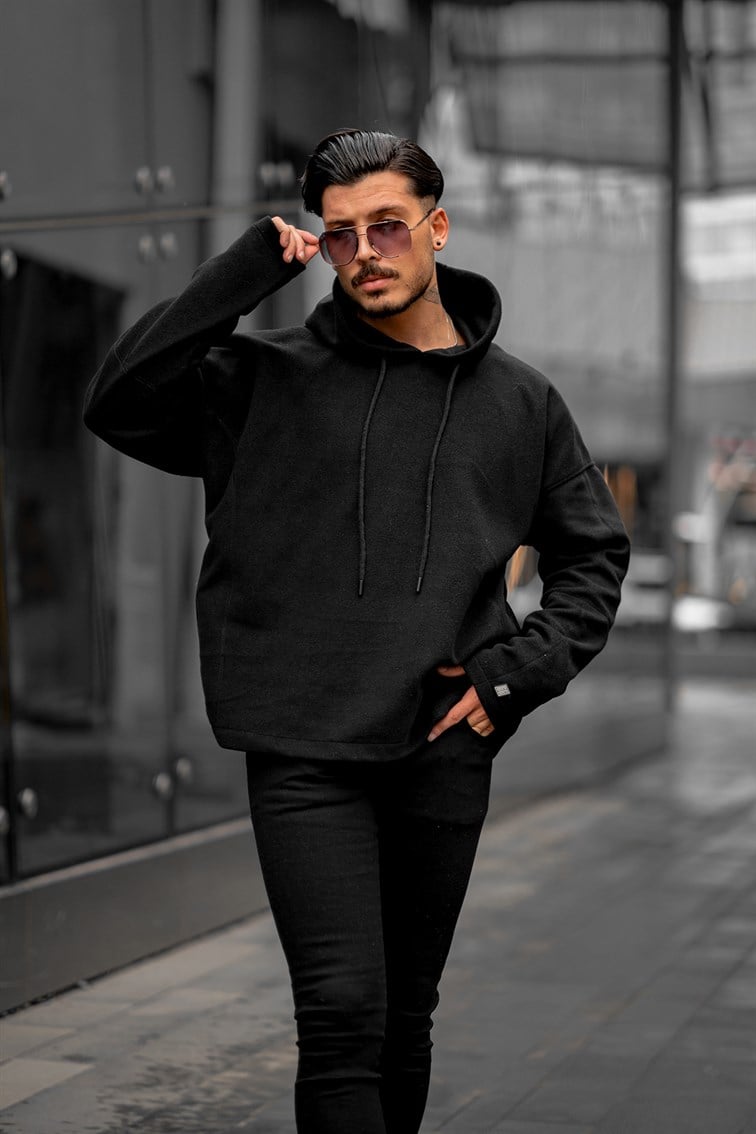 Kapüşonlu Basıc Oversize Polar Sweatshirt