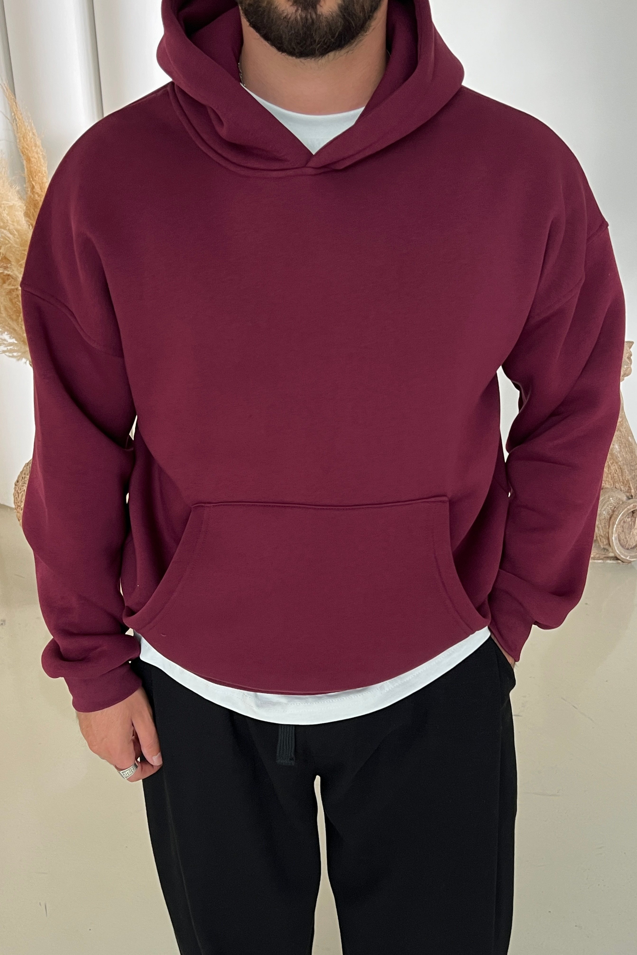 Kapüşonlu Basic Oversize Sweatshirt Bordo
