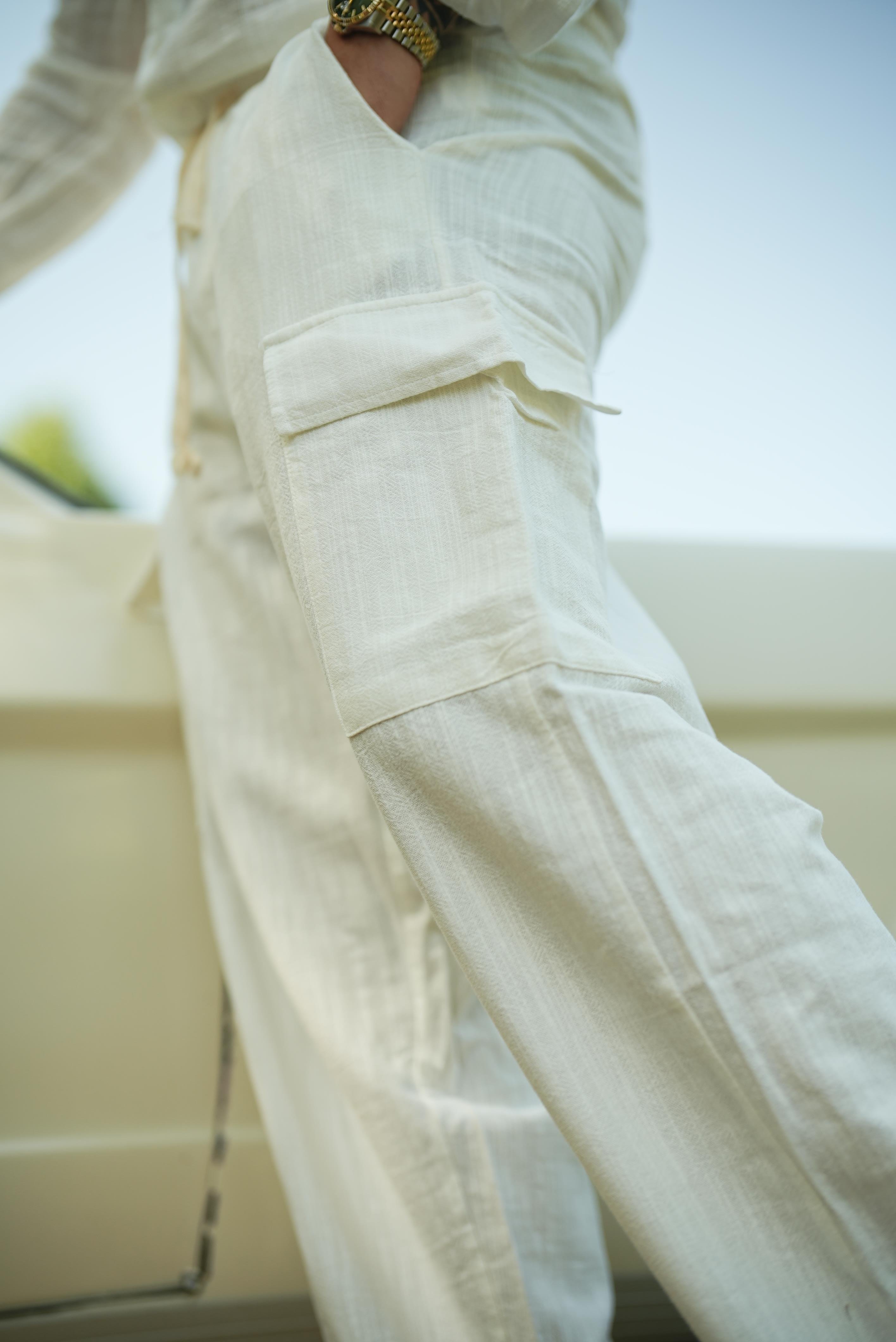 Kargo Cep Keten Bol Pantolon Beyaz