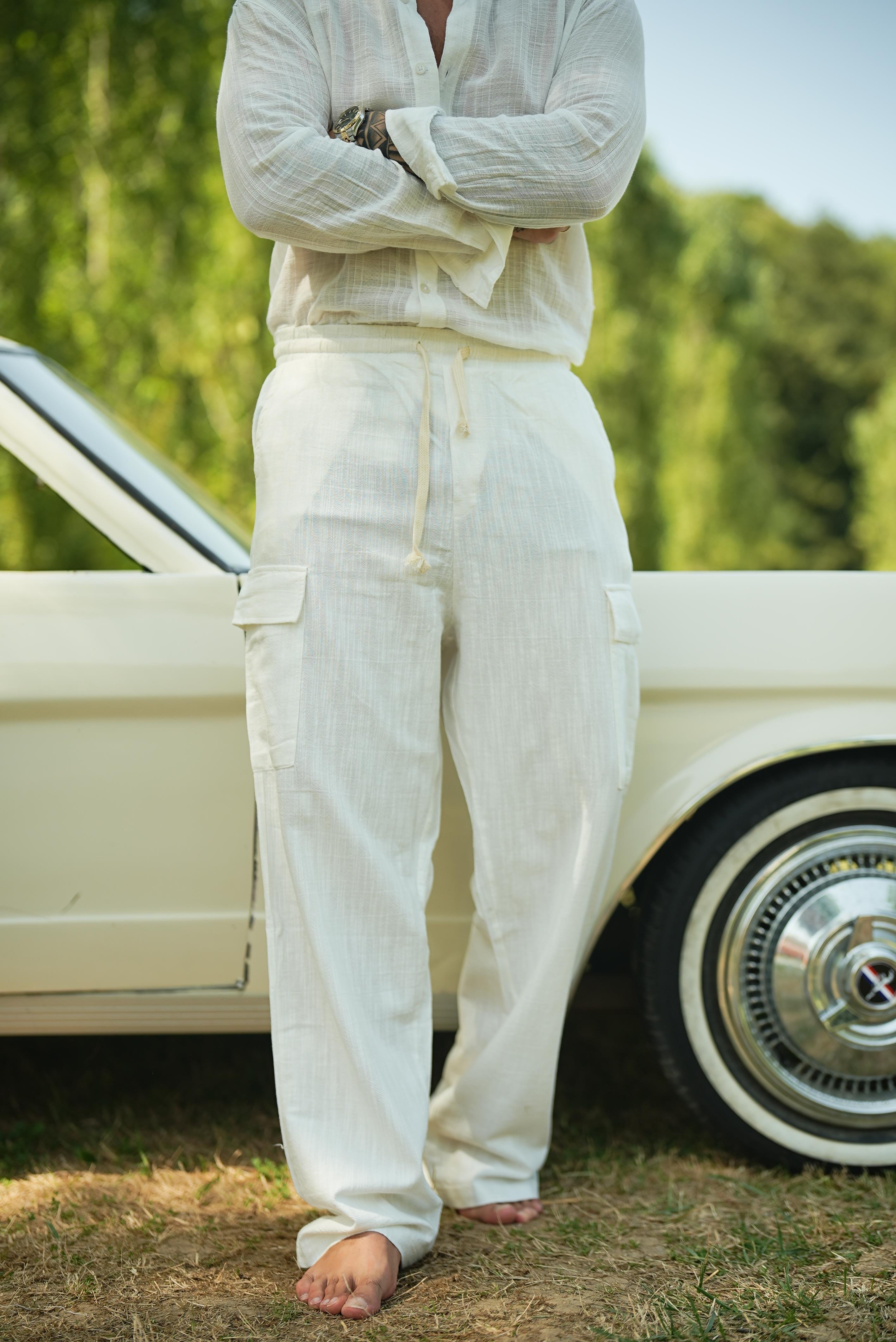 Kargo Cep Keten Bol Pantolon Beyaz