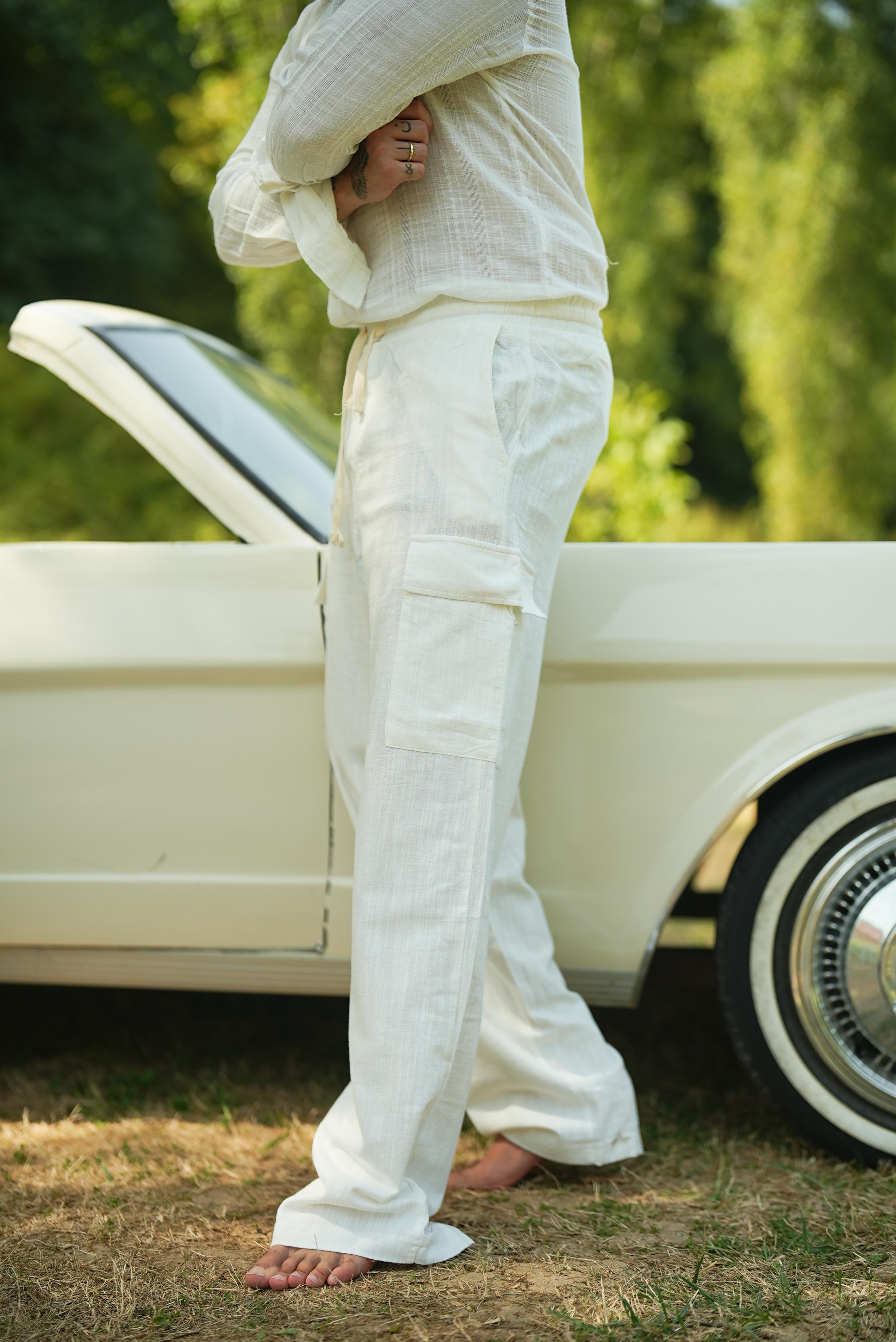 Kargo Cep Keten Bol Pantolon Beyaz