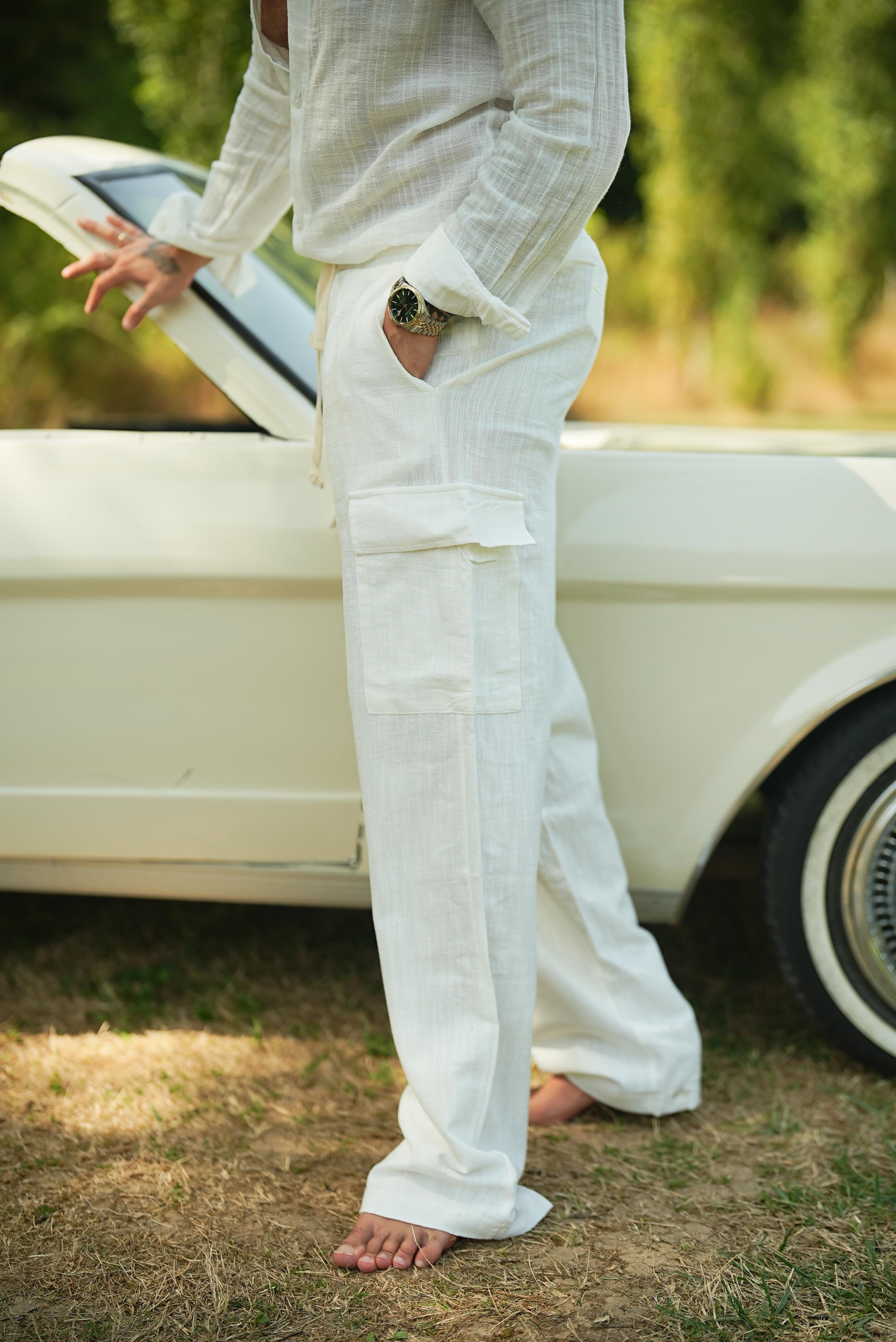 Kargo Cep Keten Bol Pantolon Beyaz