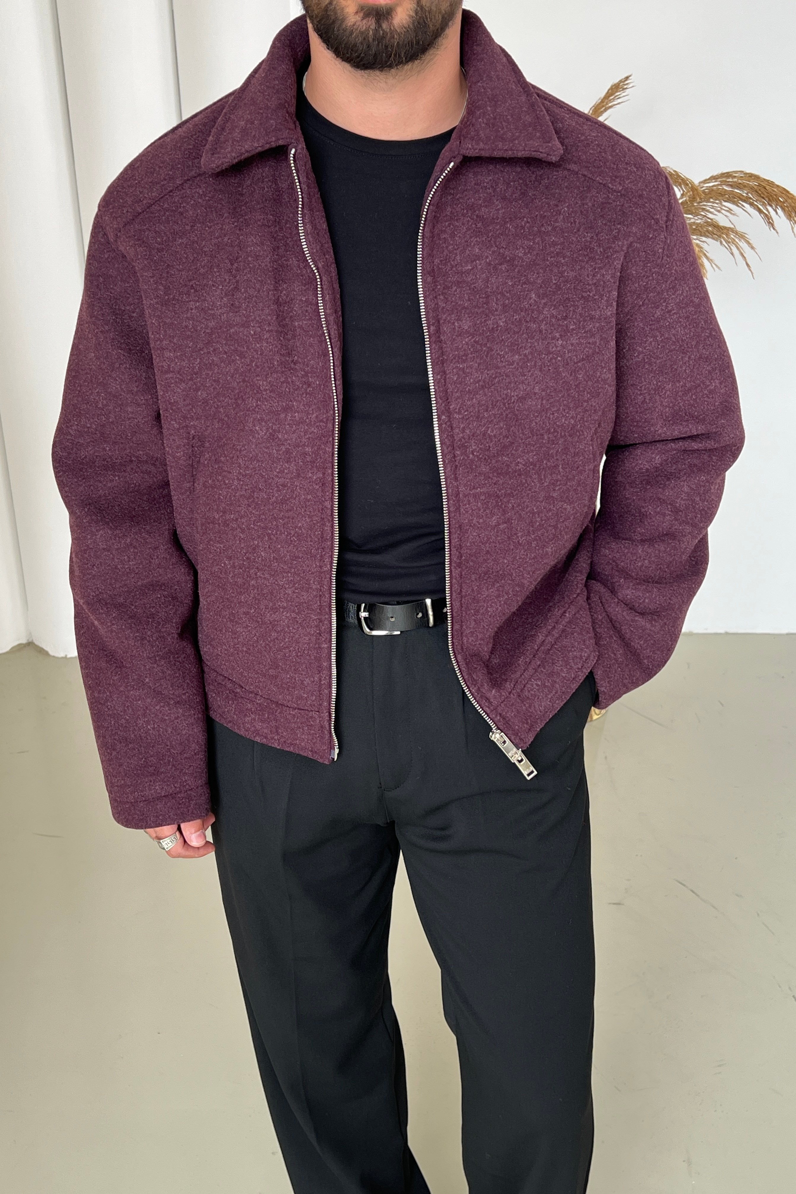 Kaşe Basic Bol Ceket Bordo