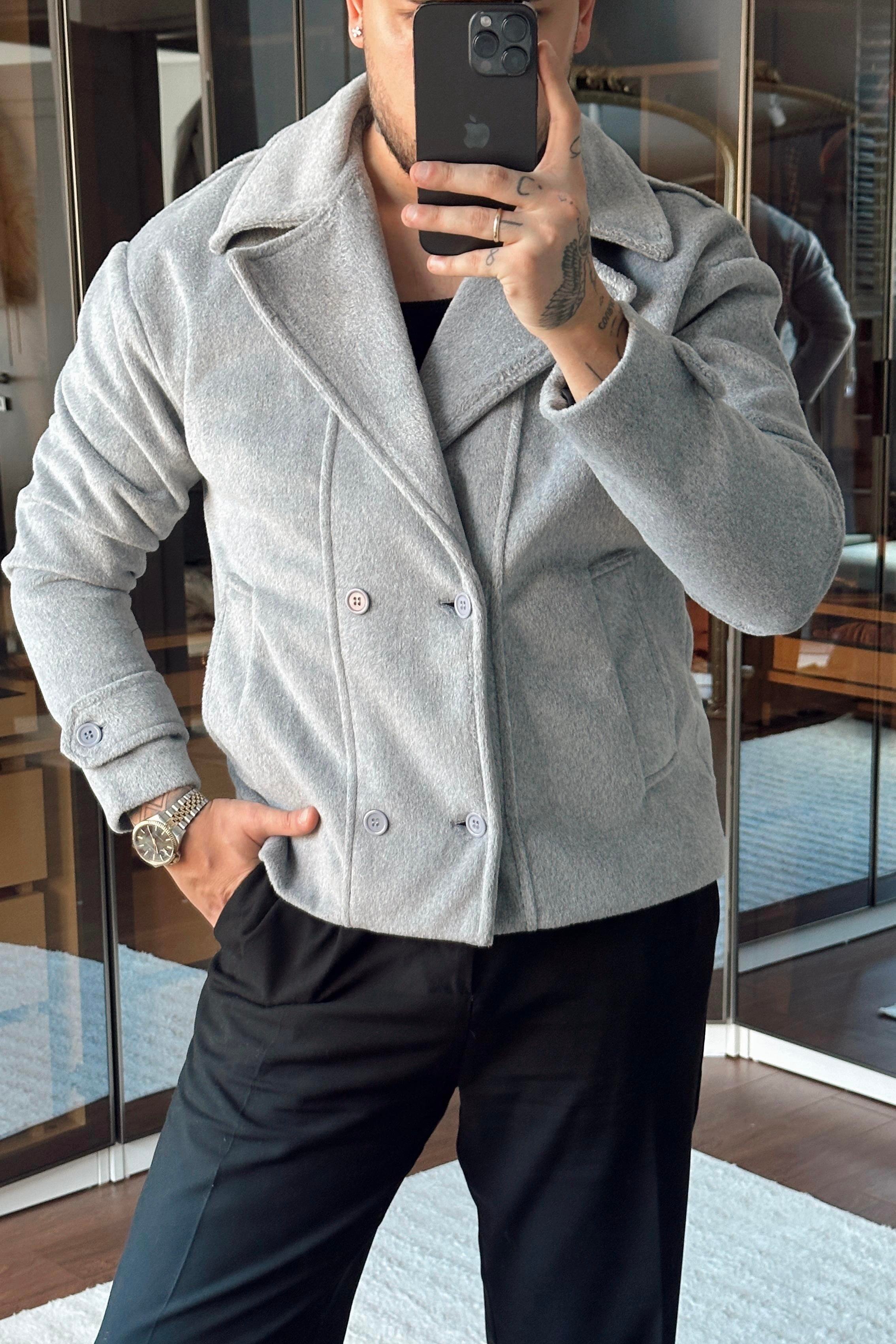 Kaşe Kruvaze Box Fix Ceket Gri