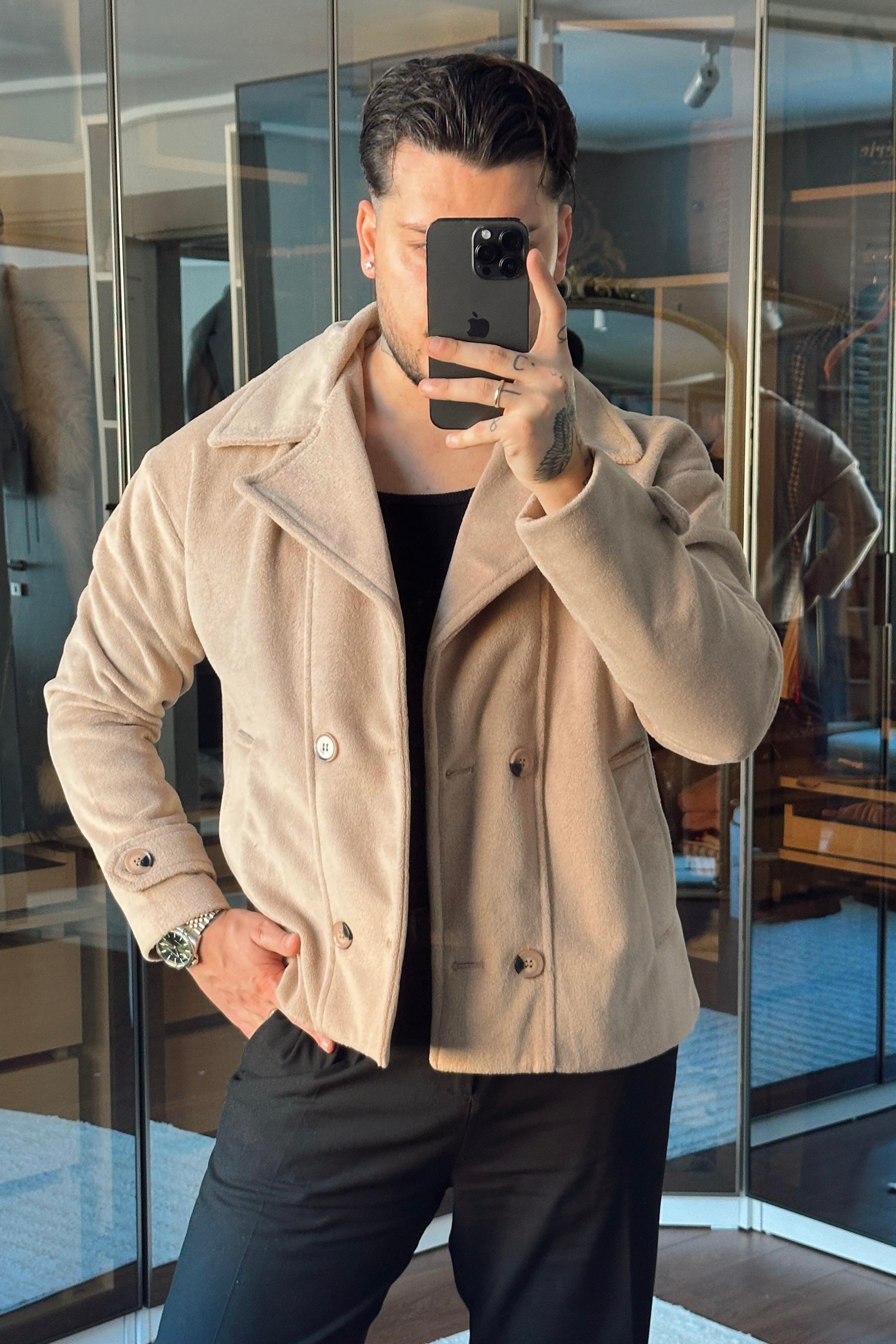 Kaşe Kruvaze Box Fix Ceket Krem