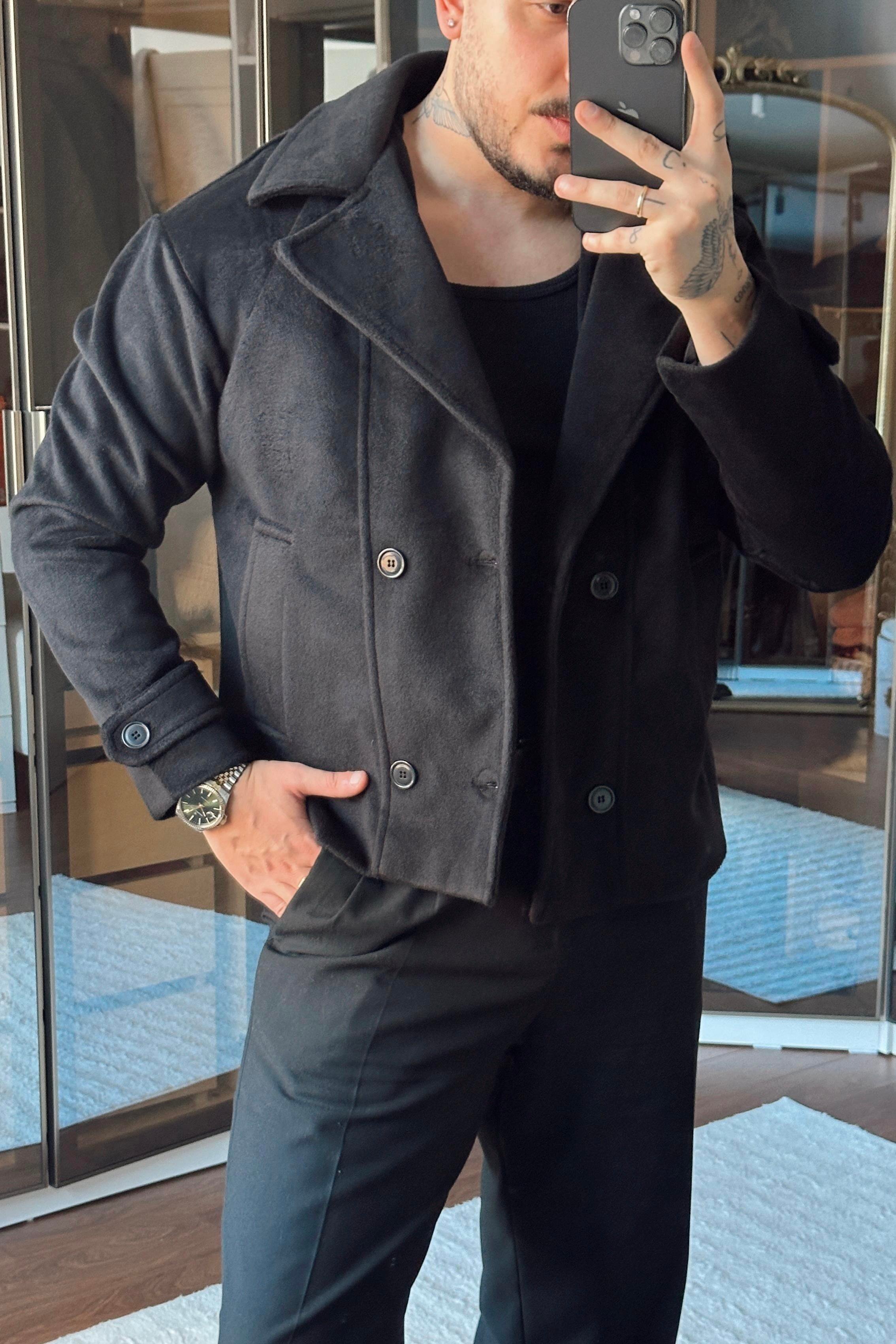 Kaşe Kruvaze Box Fix Ceket Siyah