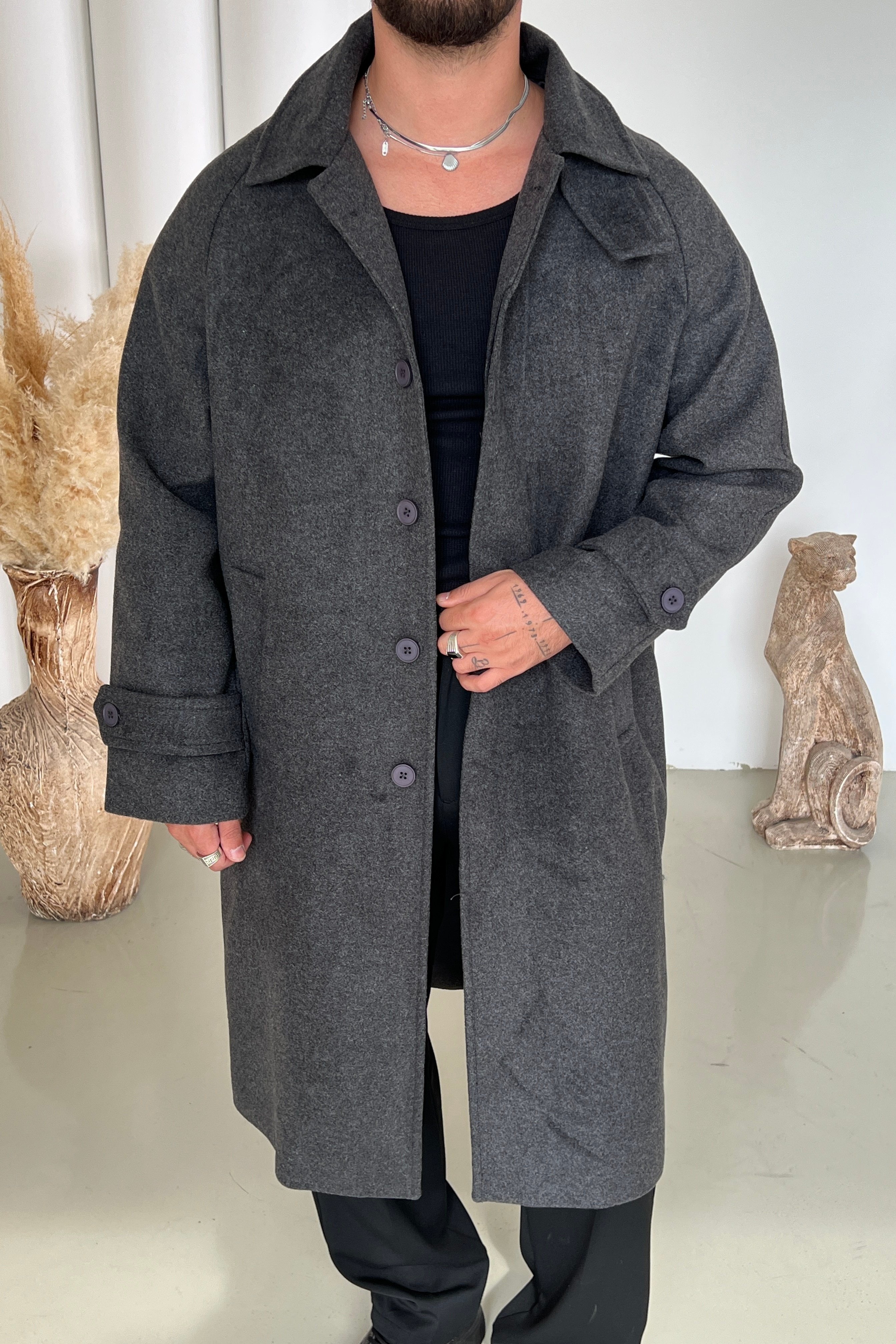 Kaşe Oversize Uzun Kaban Antrasit